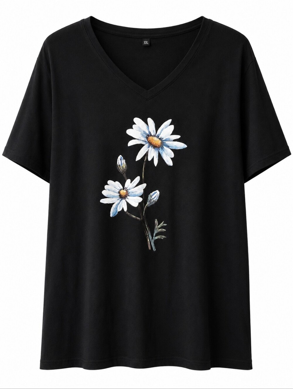 Women's Black White Blue Yellow Daisy Short Sleeve V-Neck Tee Size XXL